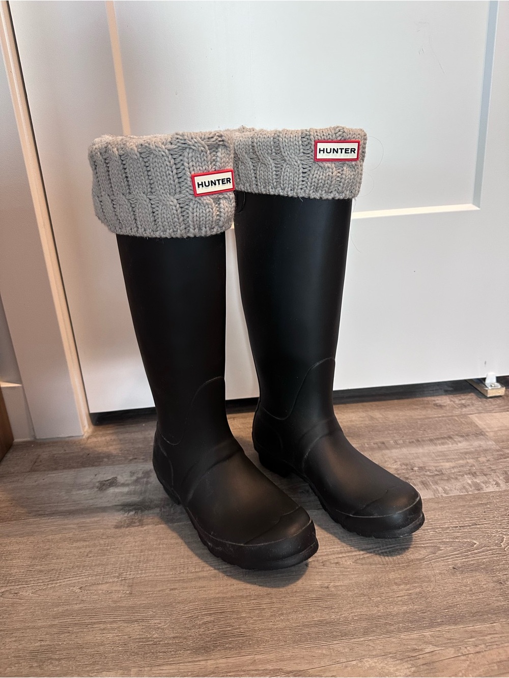 Hunter Black Tall Rain Boots with Gray Knit Cuff